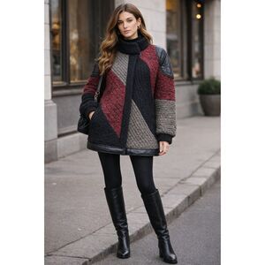 Carlisle Couture Vintage Colorblock Knit and Leather Coat M